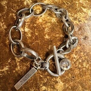 Sterling Silver Chain Bracelet w/ LOVE AMOR AND AMOUR Charm & Crystal
